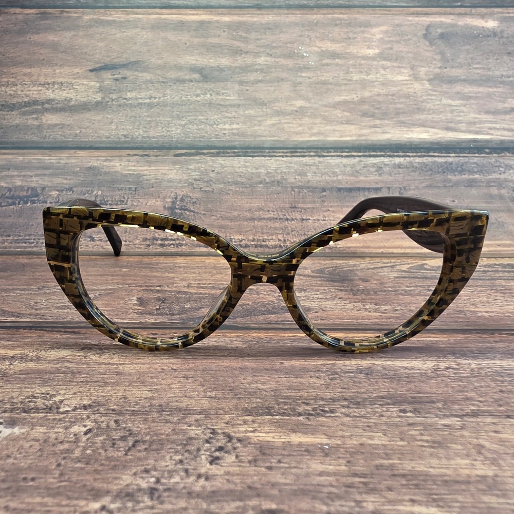 MaxMara MM 1246 FSC 140 Cat Eye Eyeglass Frames Amber Black Patterned Gold Stud